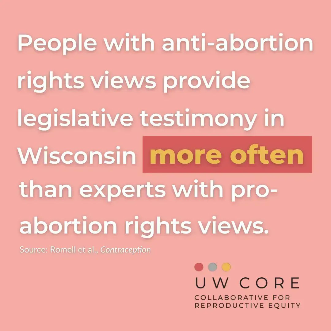 Did you know? People with anti-abortion rights views provide legislative testimony in WI more often than experts with pro-abortion rights views. That's according to work by @WiscCORE researchers @emma_romell @DanielaMansbach @reproscholar & Alisa Von Hagel. #TeachingTuesday (1/5)