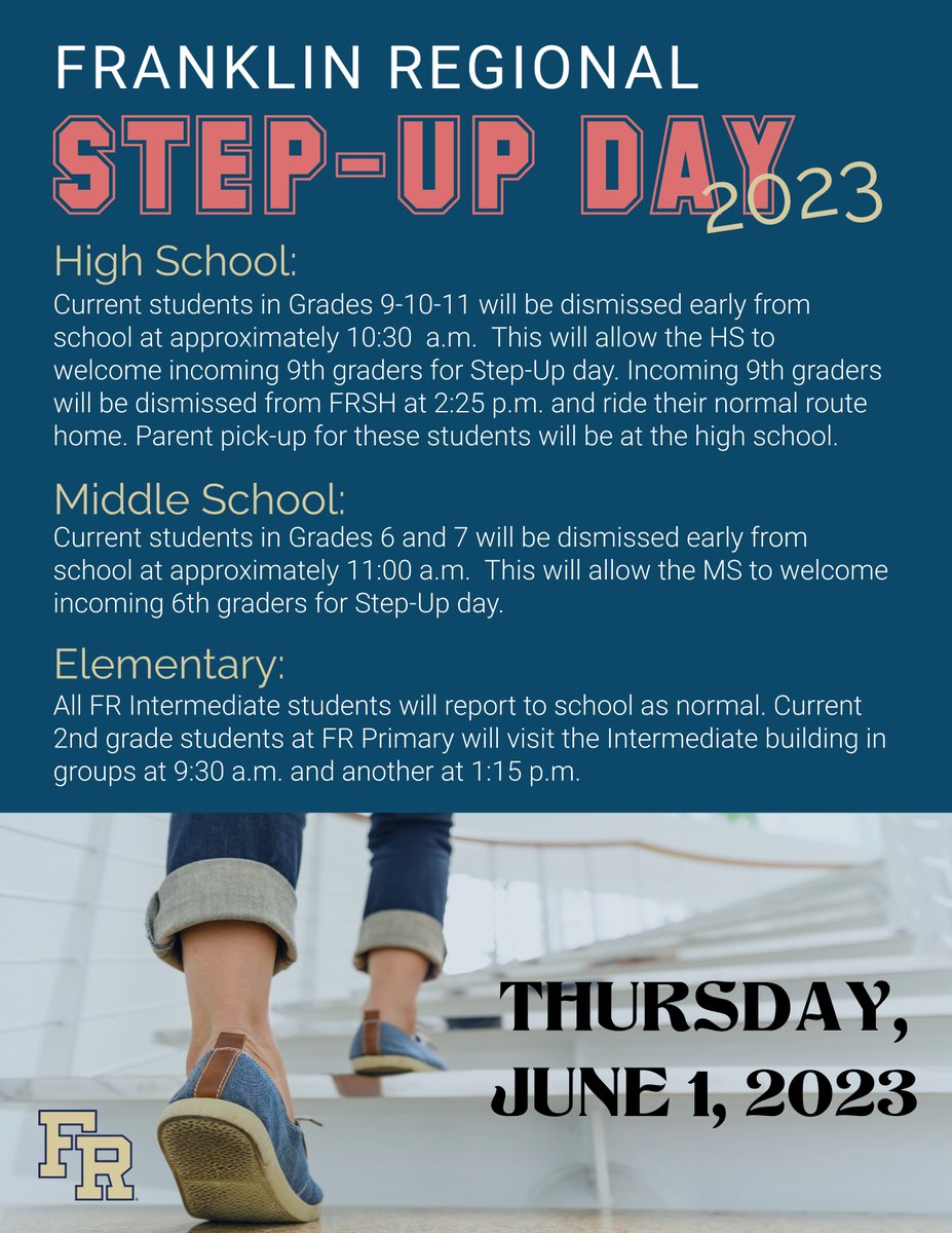 FRSDPanthers's tweet photo. Franklin Regional will hold a step-up visitation day for those students who will be moving up to 3rd, 6th, and 9th grades for the 2023-24 school year. Kindly review the details on how this may impact daily schedules and transportation for June 1, 2023. https://t.co/bietMD6Z6a