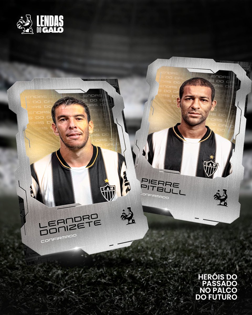⭐ A segurança da <a href="/ArenaMRV/">Arena MRV</a> está garantida com essa dupla de cães de guarda. Pierre e Donizete estarão no #LendasDoGalo!

⚔️ Eles marcaram época no meio-campo atleticano pela raça e consistência que nos ajudaram a alcançar títulos históricos. Pierre e Donizete têm lugar especial