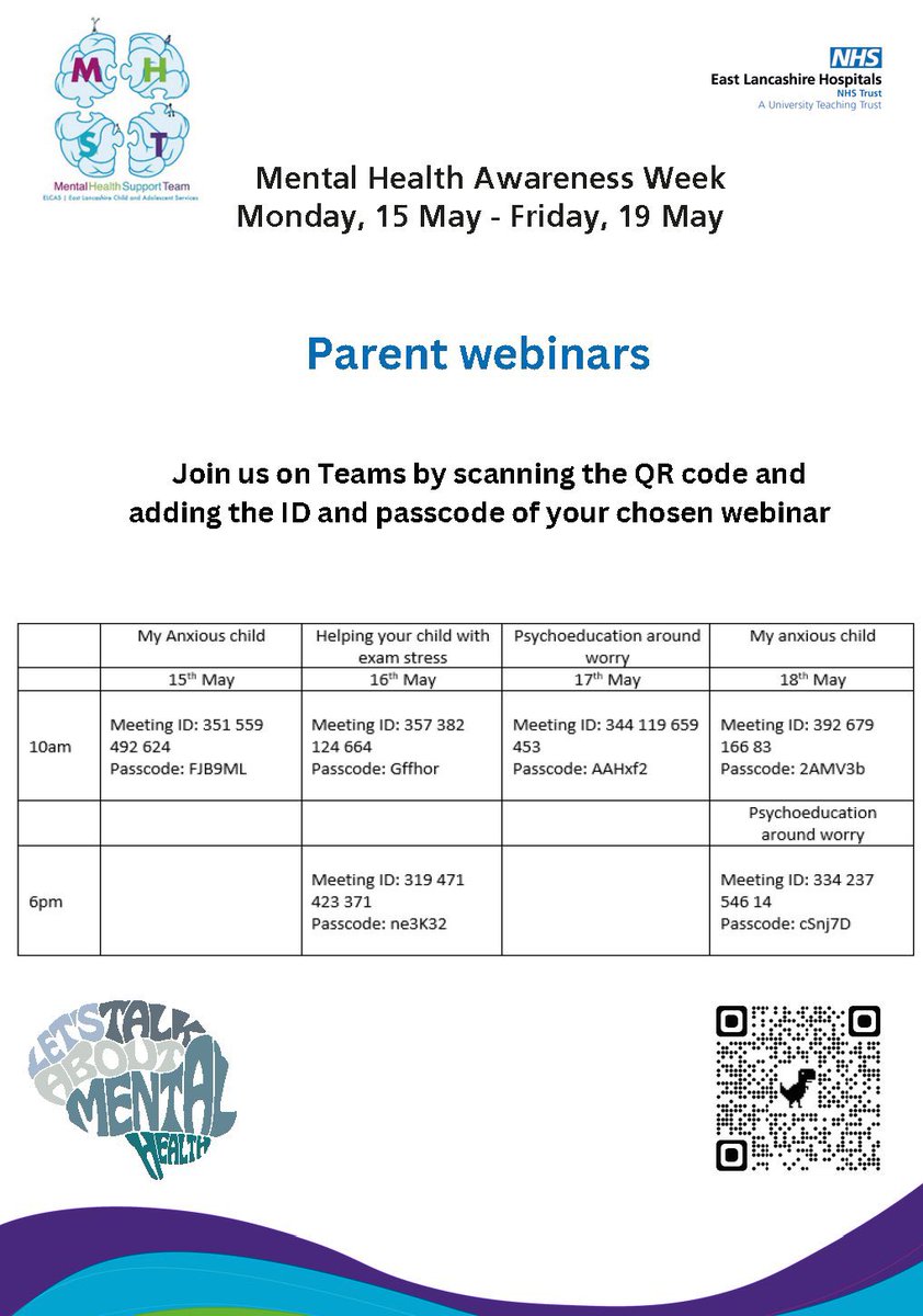 It is #MentalHealthAwarenessWeek Further to the parent information meeting hosted after school today, please find details of the parent webinars the MHST are running this week.