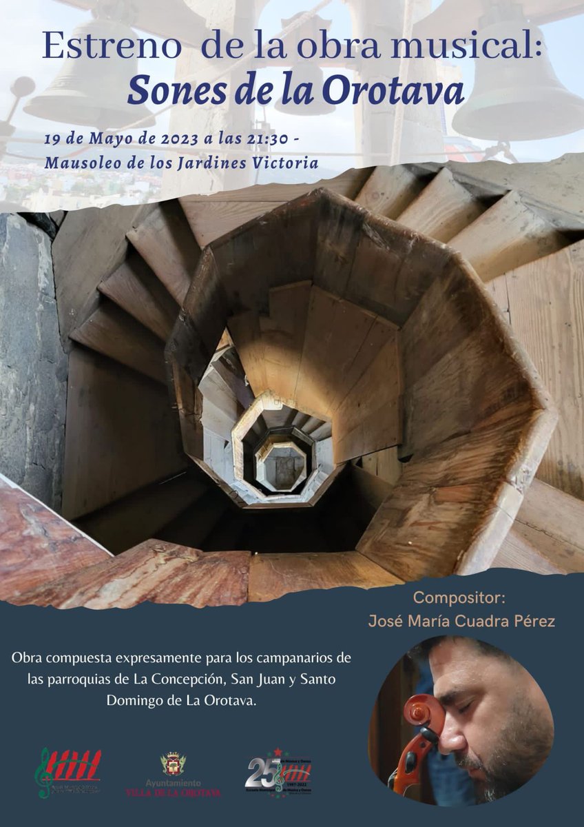 LaOrotava's tweet photo. 📌🎶Estreno la #obramusical 'Sones de la Orotava'
👉próximo 19 de mayo a las 21:30 horas se presentará en el Mausoleo de los Jardines Victoria una obra dedicada a la Villa de La Orotava con motivo del 25 aniversario de la escuela de música y danza del municipio.
#LaOrotava https://t.co/2R2Anik7xY