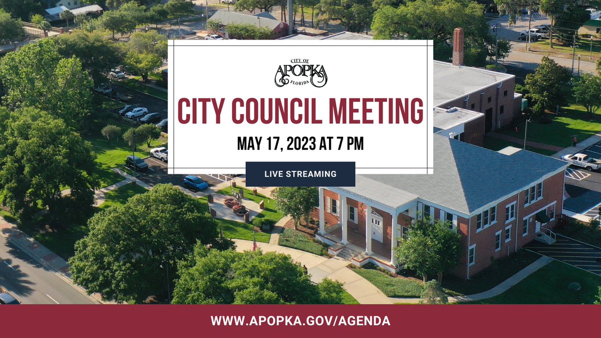 The City of Apopka will be live streaming the Wednesday, May 17, 2023 City Council Meeting on YouTube beginning at 7 PM. 

Watch live on YouTube and view the agenda &amp; packet at Apopka.gov/Agenda #CityofApopkaFL #YouTube #CityCouncilMeeting