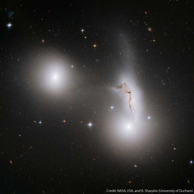 This image captured by the Hubble Space Telescope shows three galaxies, called NGC 7173 (left), 7174 (middle right), and 7176 (lower right), in a dark sky speckled with stars and other smaller galaxies. NGC 7173 and 7176 are glowing elliptical galaxies with bright white centers, but NGC 7174 is a stretched-out spiral galaxy with cloudy brown lanes of material being pulled away by its close neighbors. These galaxies are part of Hickson Compact Group 90, named after astronomer Paul Hickson, who cataloged small groups of galaxies like this one. The image is watermarked with “Credit: NASA, ESA, and R. Sharples (University of Durham).”
