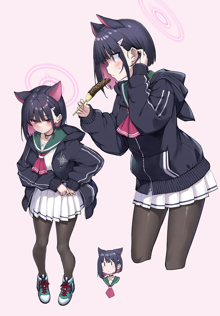 1girl halo pantyhose animal ears skirt hood black hair  illustration images