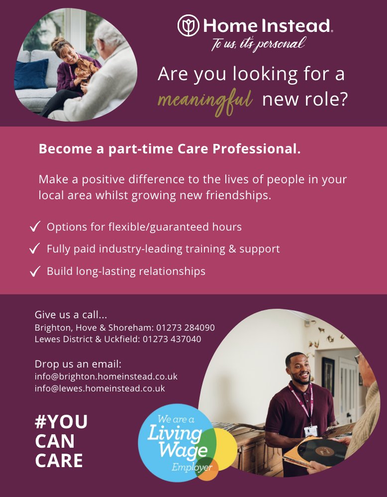 Come on down to the Amex stadium for the Brighton &amp; Hove Jobs Fair tomorrow, 10am - 1pm! Our friendly recruiter, Sian, will be manning the Home Instead stall - she will tell you all about our Care Professional roles and  what it means to be a part of our ‘outstanding’ team. 🌟