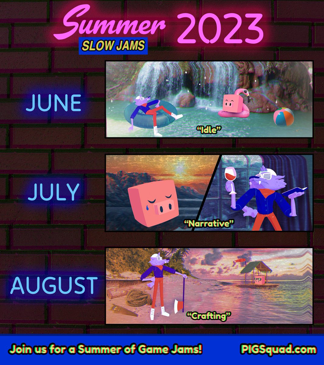 Summer Slow Jams dates and themes are live for June, July, and August! Learn and collaborate with the community to make games every month this summer ☀️
Huge thanks to <a href="/marlowedobbe/">Marlowe Dobbe (@marlowedobbe on all socials)</a> and <a href="/alexbenson/">alex benson</a> for this year’s art and rebrand and VIBES ❤️🎤🌙
#summerslowjams #gamejam
