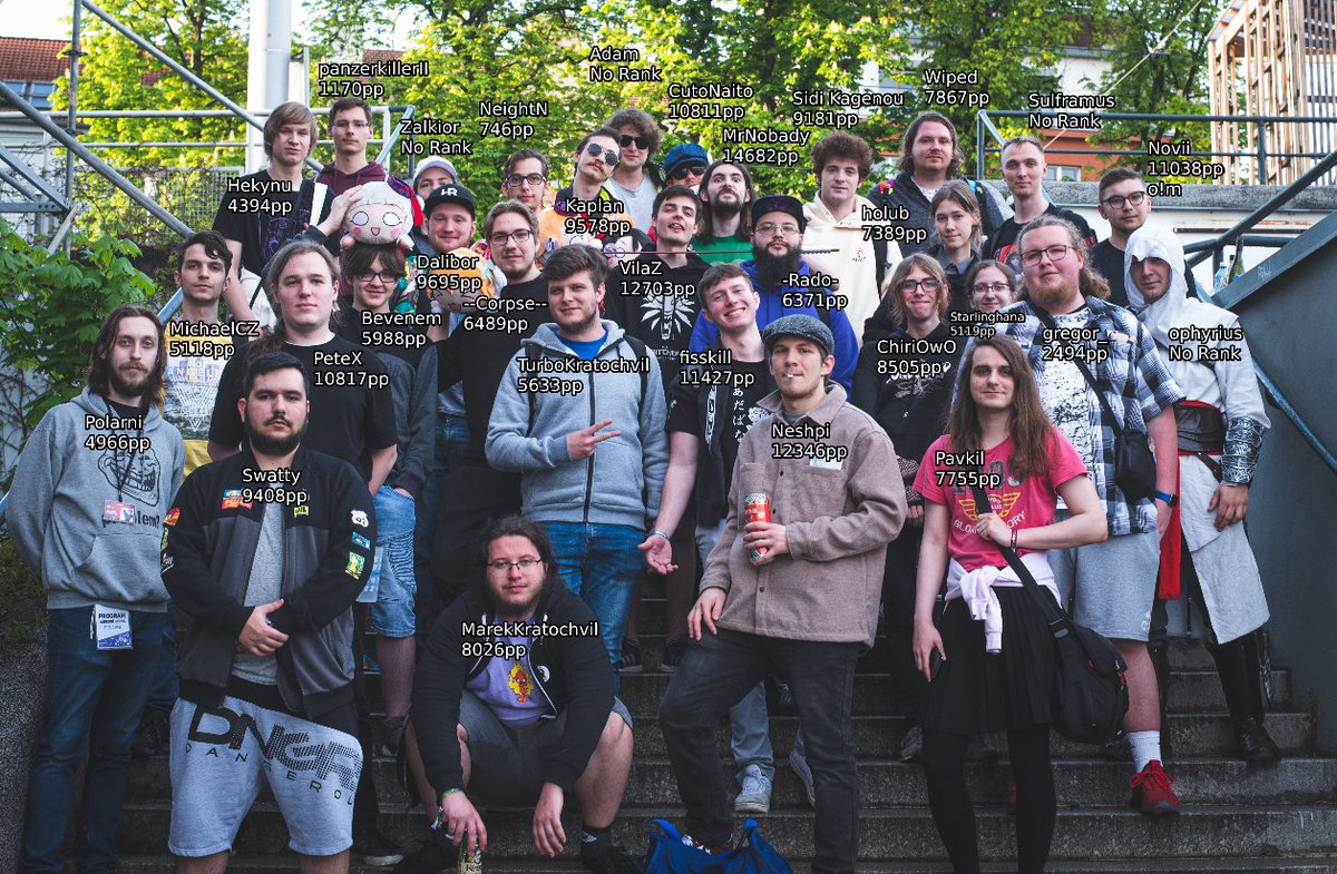 Czechoslovak osu! community meetup at Animefest 2023 in Brno, Czechia. (Total PP - 438,594; people appearing in both pictures are only counted once)
Photos were taken on Friday and Saturday because a lot of people couldn't make it on Friday.
Total amount of people: 69; nice.