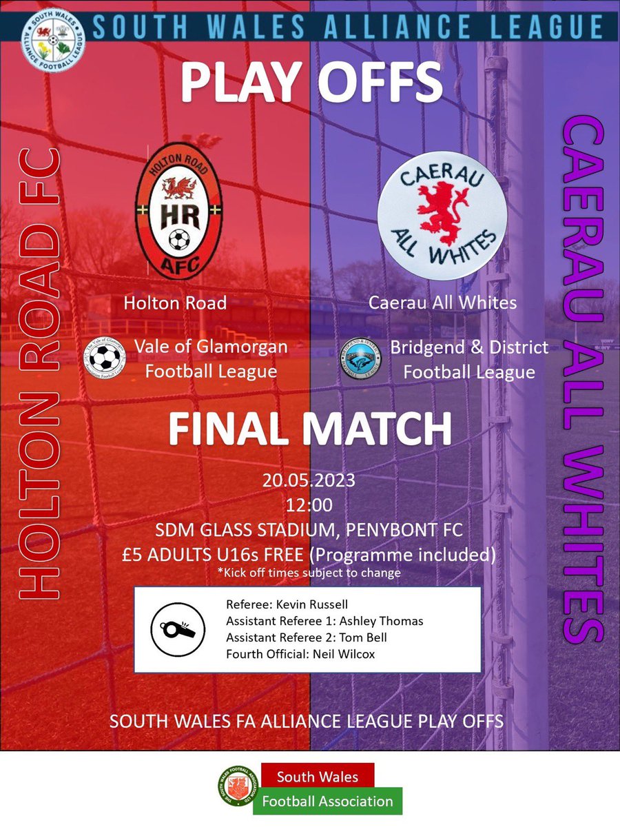 This Saturday we face Holton Road in the play of finals with the winner of the fixture getting promotion to the South Wales Alliance League! Huge game for the club and not one to be missed! Come get behind the boys ‼️⚽️

KO 12pm 
SDM Glass Stadium, Penybont FC. 

#CAW🟣⚫️