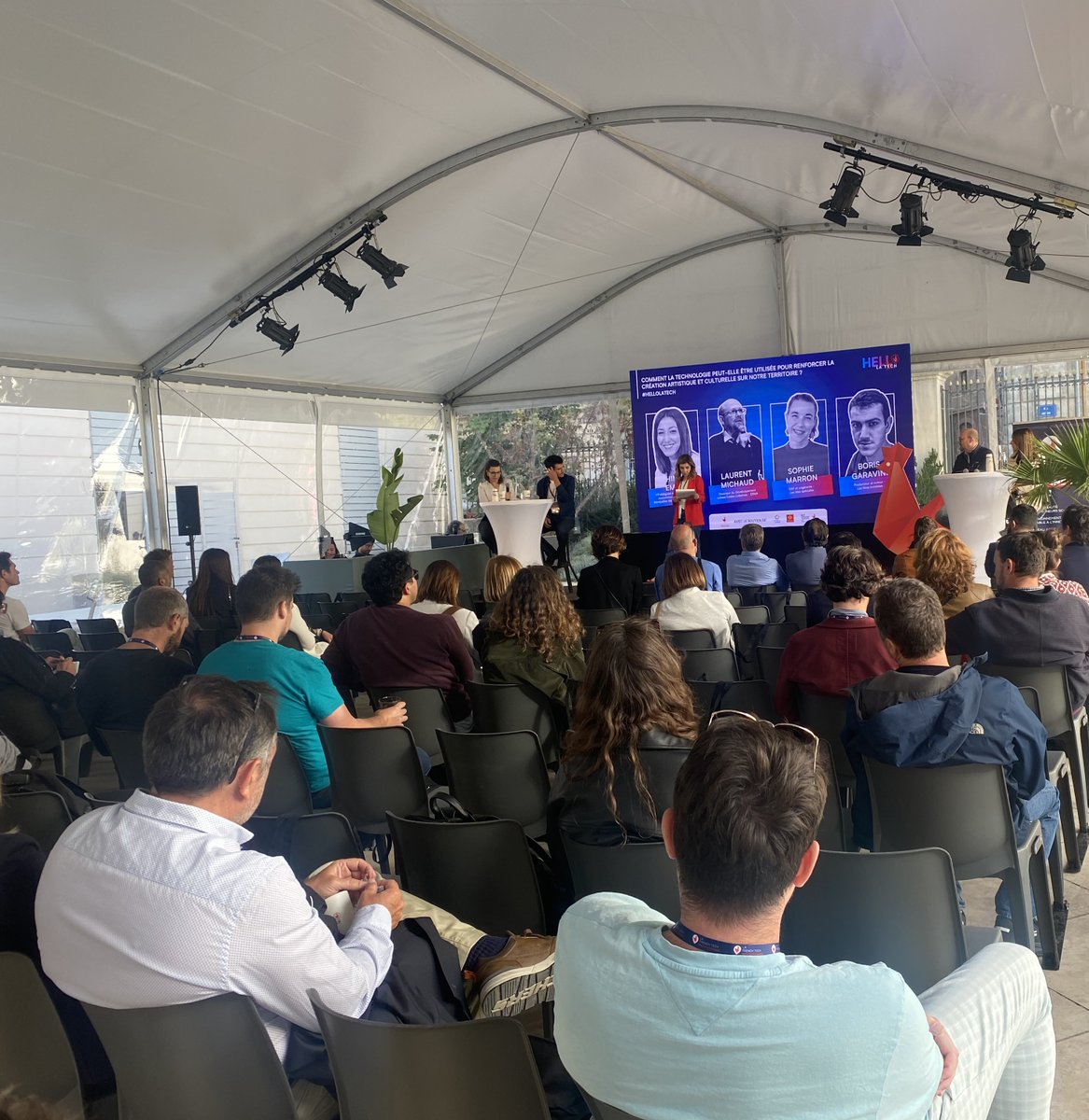 FrenchTechMed's tweet photo. 🗣️#HELLOLATECH @EmadHind , Sophie Marron, Boris Garivani et Laurent Michaud échangent sur l'utilisation de la #technologie pour renforcer la création artistique et #culturelle sur notre territoire. Une discussion passionnante sur les synergies entre ces domaines. https://t.co/QCHIdspqrH