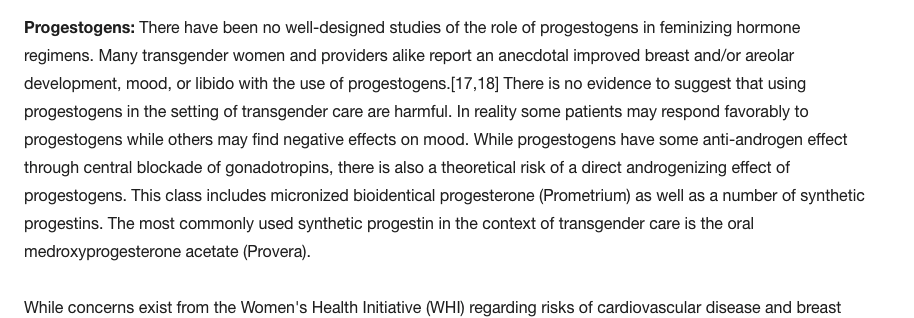 RuthInstitute's tweet image. In the context of feminizing hormone therapy, they admit there are no well-designed studies about the role of progestogens, while at the same time saying there is no evidence to suggest their use has negative consequences.  #cognativedissonance  or #lying transcare.ucsf.edu/guidelines/fem…