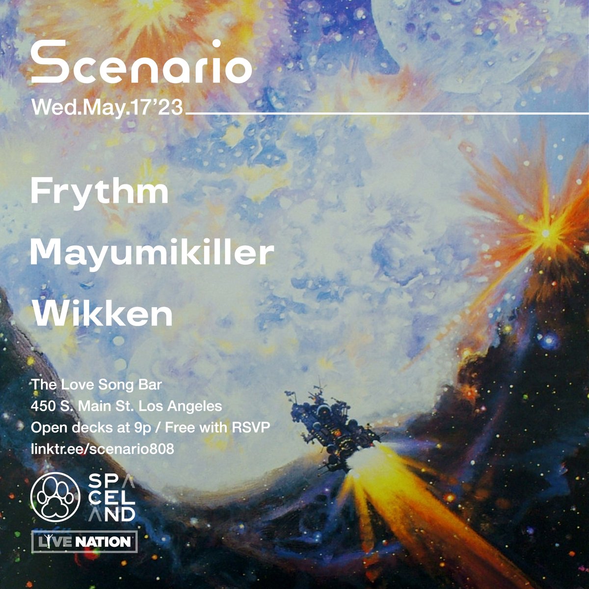 SCENARIO 🔊 (@scenario808) on Twitter photo Tomorrow 5/17: <a href="/frythm_/">Frythm</a> <a href="/Mayumikiller/">LOSER/mayumikiller</a> <a href="/mateodesousa/">Wikken</a> + <a href="/daddykev/">Daddy Kev</a> at <a href="/TheLoveSongBar/">The Love Song Bar</a>. Open decks at 9p. Free with RSVP. Presented by <a href="/ALPHAPUP/">Alpha Pup</a> <a href="/SpacelandLA/">SPACELAND PRESENTS</a> <a href="/LiveNation/">Live Nation</a> 🔊✨💎 eventbrite.com/e/scenario-fry… Tomorrow 5/17: <a href="/frythm_/">Frythm</a> <a href="/Mayumikiller/">LOSER/mayumikiller</a> <a href="/mateodesousa/">Wikken</a> + <a href="/daddykev/">Daddy Kev</a> at <a href="/TheLoveSongBar/">The Love Song Bar</a>. Open decks at 9p. Free with RSVP. Presented by <a href="/ALPHAPUP/">Alpha Pup</a> <a href="/SpacelandLA/">SPACELAND PRESENTS</a> <a href="/LiveNation/">Live Nation</a> 🔊✨💎 eventbrite.com/e/scenario-fry…