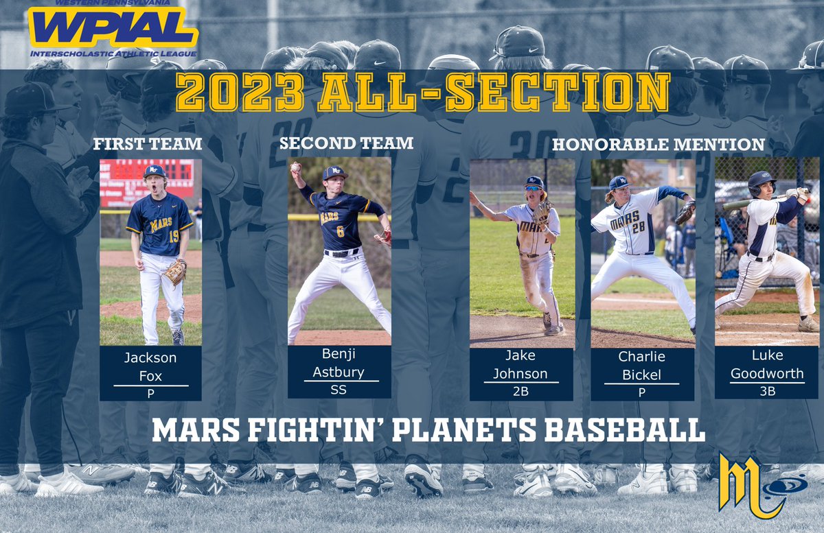 Mars HS Baseball (@marshsbaseball) on Twitter photo <a href="/Big56Conference/">Big 56 Conference</a> Congratulations to our All-Section Players
1st Team
Jackson Fox <a href="/jacksonfoc1/">jacksonfox</a>
2nd Team
Benji Astbury <a href="/benji_astbury/">Benji</a>
Honorable Mention
Jake Johnson <a href="/jakejohnson10_/">Jake Johnson</a>
Charlie Bickel <a href="/bickel_charlie/">Charlie Bickel</a>
Luke Goodworth <a href="/LukeGoodworth9/">Luke Goodworth</a> <a href="/Big56Conference/">Big 56 Conference</a> Congratulations to our All-Section Players
1st Team
Jackson Fox <a href="/jacksonfoc1/">jacksonfox</a>
2nd Team
Benji Astbury <a href="/benji_astbury/">Benji</a>
Honorable Mention
Jake Johnson <a href="/jakejohnson10_/">Jake Johnson</a>
Charlie Bickel <a href="/bickel_charlie/">Charlie Bickel</a>
Luke Goodworth <a href="/LukeGoodworth9/">Luke Goodworth</a>
