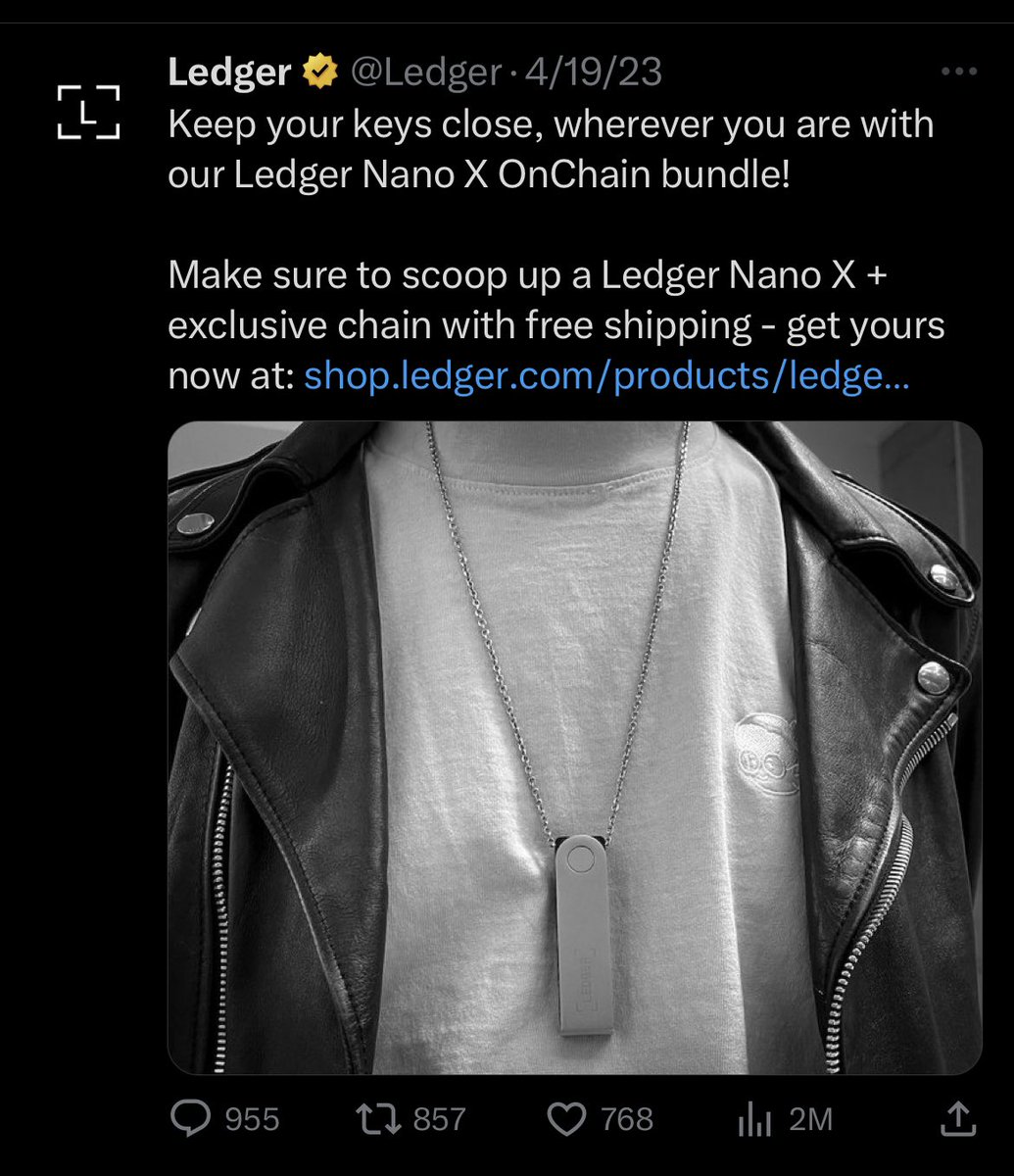 This is the same company who promotes wearing your hardware wallet as a necklace, so you can effectively become a walking target for exploitation 

No this isn’t an April fools joke, it’s a real product offering.. just insanity 
shop.ledger.com/products/ledge…