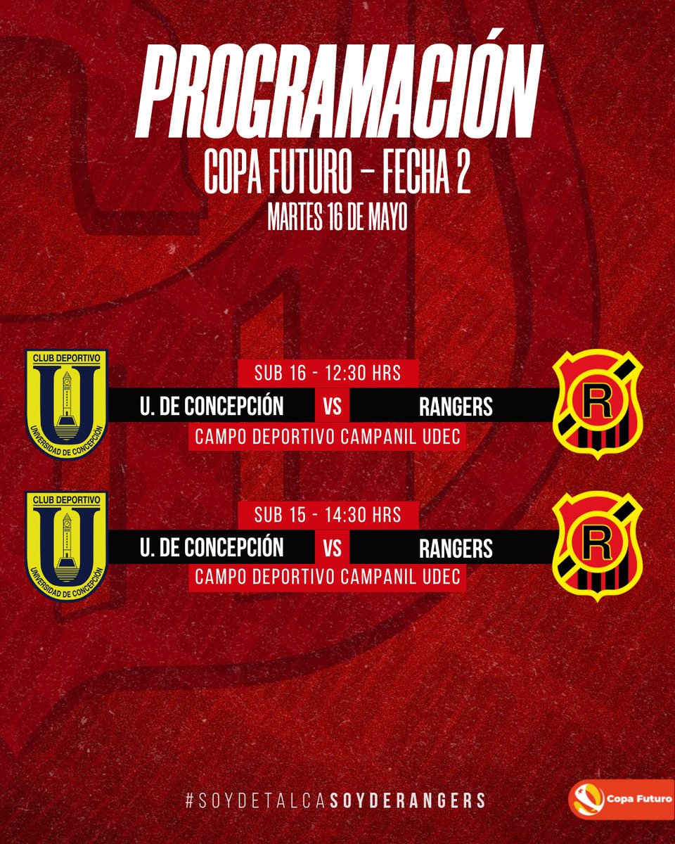 ⚽️A esta hora se disputan los encuentros pendientes de #CopaFuturo para nuestros canteranos. Hoy nuestras series formativas enfrentan a Universidad de Concepción en casa y en la capital penquista. Horarios en la gráfica.

¡Vamos con todo! 💪
#TodosJuntos 🔴⚫️