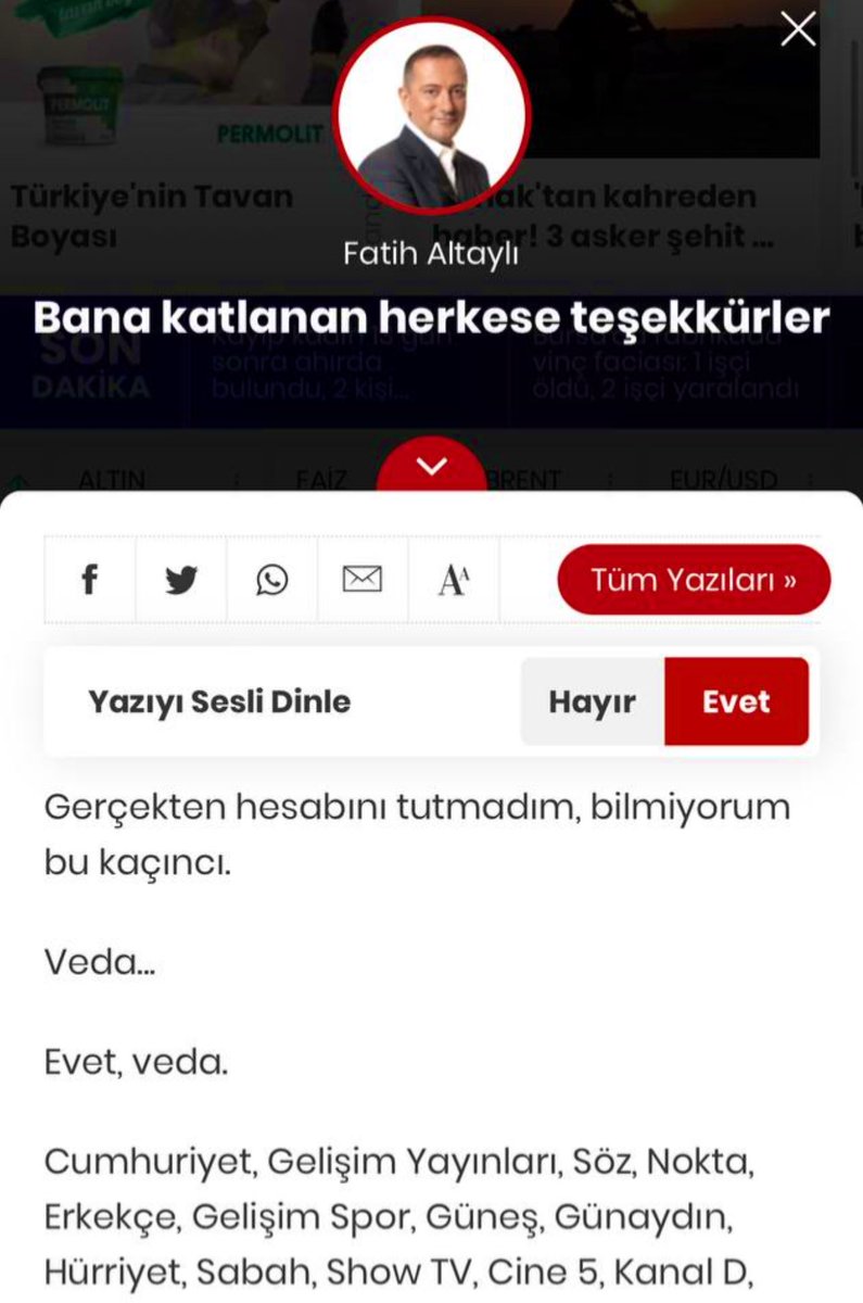 Fatih Altaylı’nın HaberTürk’e veda yazısının başlığı: “Bana katlanan herkese teşekkürler” Mütevazı olamayacağım; Türk medyasında bunu söylemeyi en çok hak eden isimlerden biriyim: RİCA EDERİZ, GÜLE GÜLE ☺️👋🏼