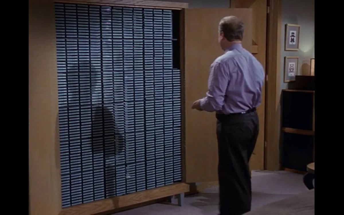 I used to wonder why everyone in underground music loved Frasier so much until I found out there’s an episode where Frasier’s entire life comes to a standstill and he stays in bed all day because one of his 2,000 cassettes is missing
