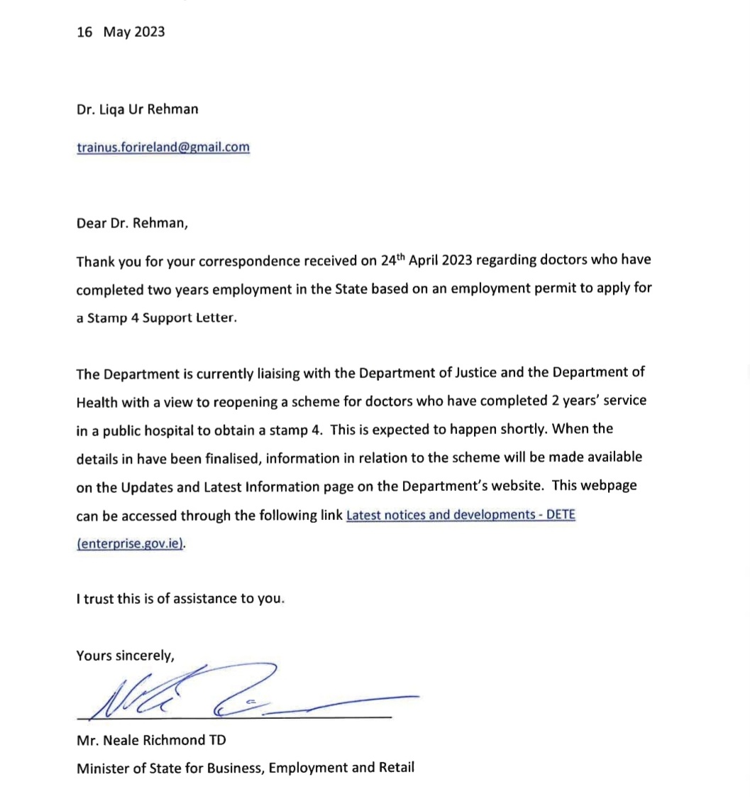 Long Live Ireland 🇮🇪 

Dear all stakeholders, 

Thank you so much for opening  the STAMP 4 portal once again for all those doctors who worked tirelessly during the pandemic on Stamp 1 visa.

Our community hugely appreciate your collaborative input in setting up a new immigration