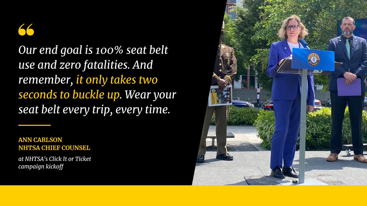 This morning in Washington, D.C., NHTSA Chief Counsel Ann Carlson kicked off NHTSA’s Click It or Ticket campaign with remarks about the importance of buckling up. #ClickItOrTicket ⤵️ Watch the recording 🎥: nhtsa.gov/events/click-i…