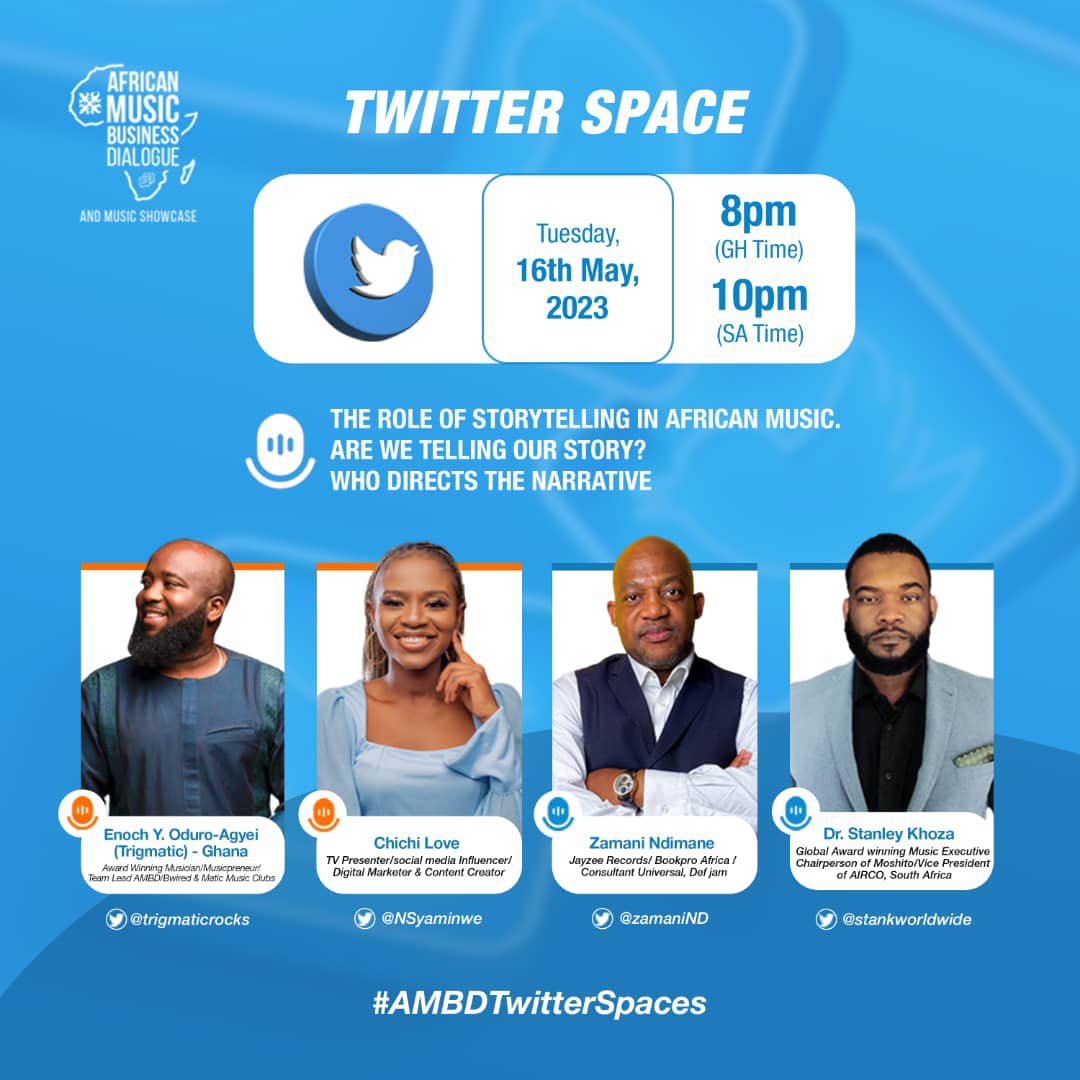 Hello Africa, join the Twitter Space today as we discuss African Music with Chichi Love for the World , the legendary @trigmaticrocks from Ghana 🇬🇭 @ZamaniNd and @stankworldwide from South Africa 🇿🇦 TIME: 22hours.
Don't Miss! 🚨
Africa Music Business Dialogue