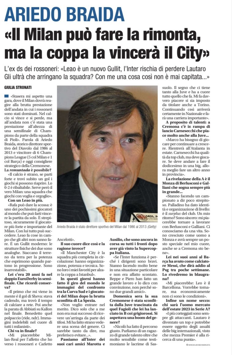 GiuliaStronati's tweet photo. La mia intervista a #Braida per Libero: “#Leao un #Gullit moderno: può vincere le partite da solo. Il #ManCity vincerà la #ChampionsLeague. #Inter ai massimi livelli grazie a #Marotta e #Ausilio. #Carnesecchi da top club. #Messi é il #Barça, ma il suo ritorno non è sostenibile”⤵️ https://t.co/U3gdYAztCh