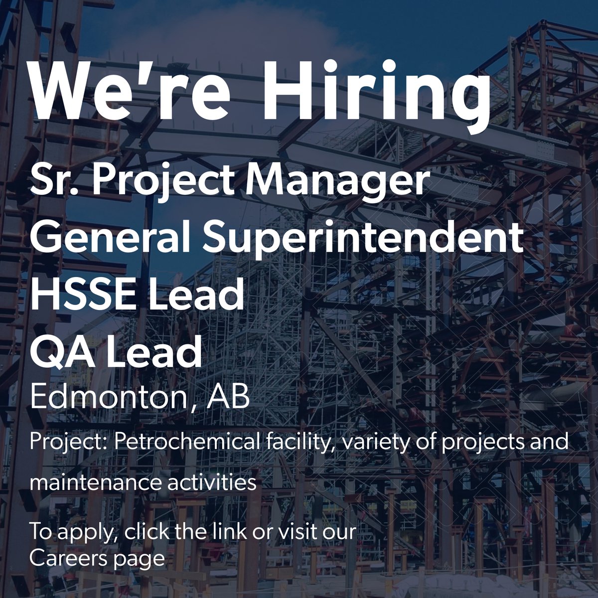 Join our team here in the Edmonton area! We're looking for:

- Sr. Project Manager
- General Superintendent
- HSSE Lead
- QA Lead

To learn more and apply, click the link bit.ly/waiwardcareers

#nowhiring #construction #maintenance #petrochemical #steelfabrication