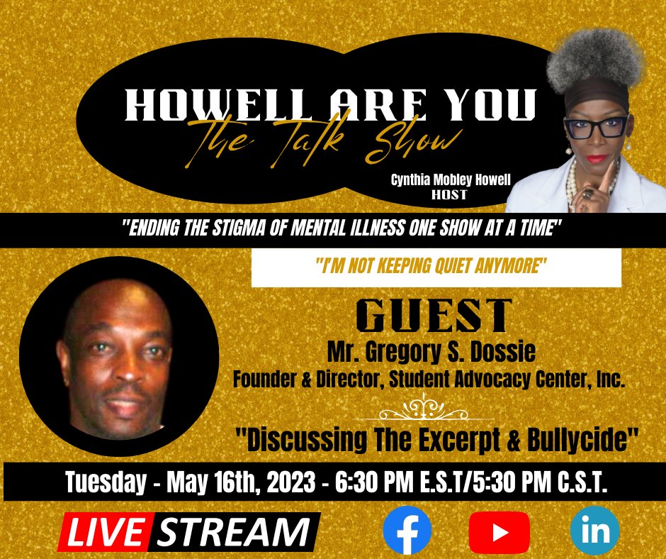 howellareyou's tweet photo. BULLYCIDE? Yes, this is suicide as a result of being bullied. Join my guest and I as we discuss my soon-to-be released book, "Crazy Didn't Get Me: Preparation For My Destiny, and "Bullycide."
#YourMentalHealthMatters 
#ImNotKeepingQuietAnymore 
#MentalHealthAwarenessMonth2023 https://t.co/gN1U8ocxNe