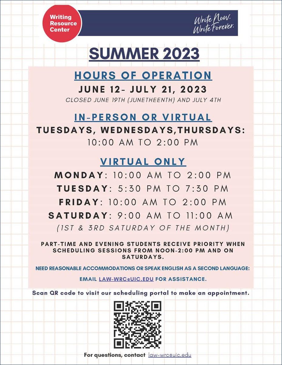 UICLaw_WriteCtr's tweet image. We are here for you this summer! #summervibes #alwayswrite
