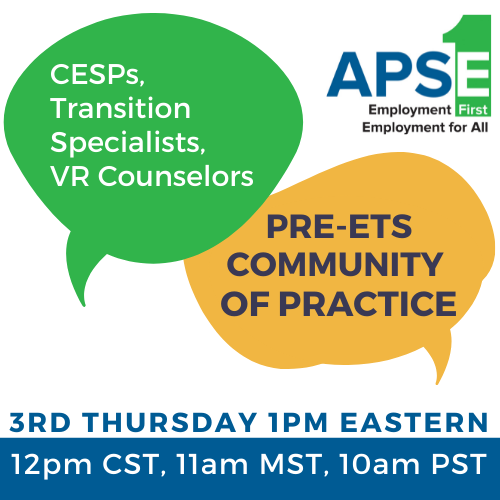 Join APSE's May Pre-ETS Community of Practice
Thursday, May 19, 2023 at 1pm EST
Topic: Engaging Generation Z
Presenter: Adrianne Toney
conta.cc/3Obo6aU=
Pre-approved for CESP credit
#CommunityOfPractice #Transition #EmploymentFirst