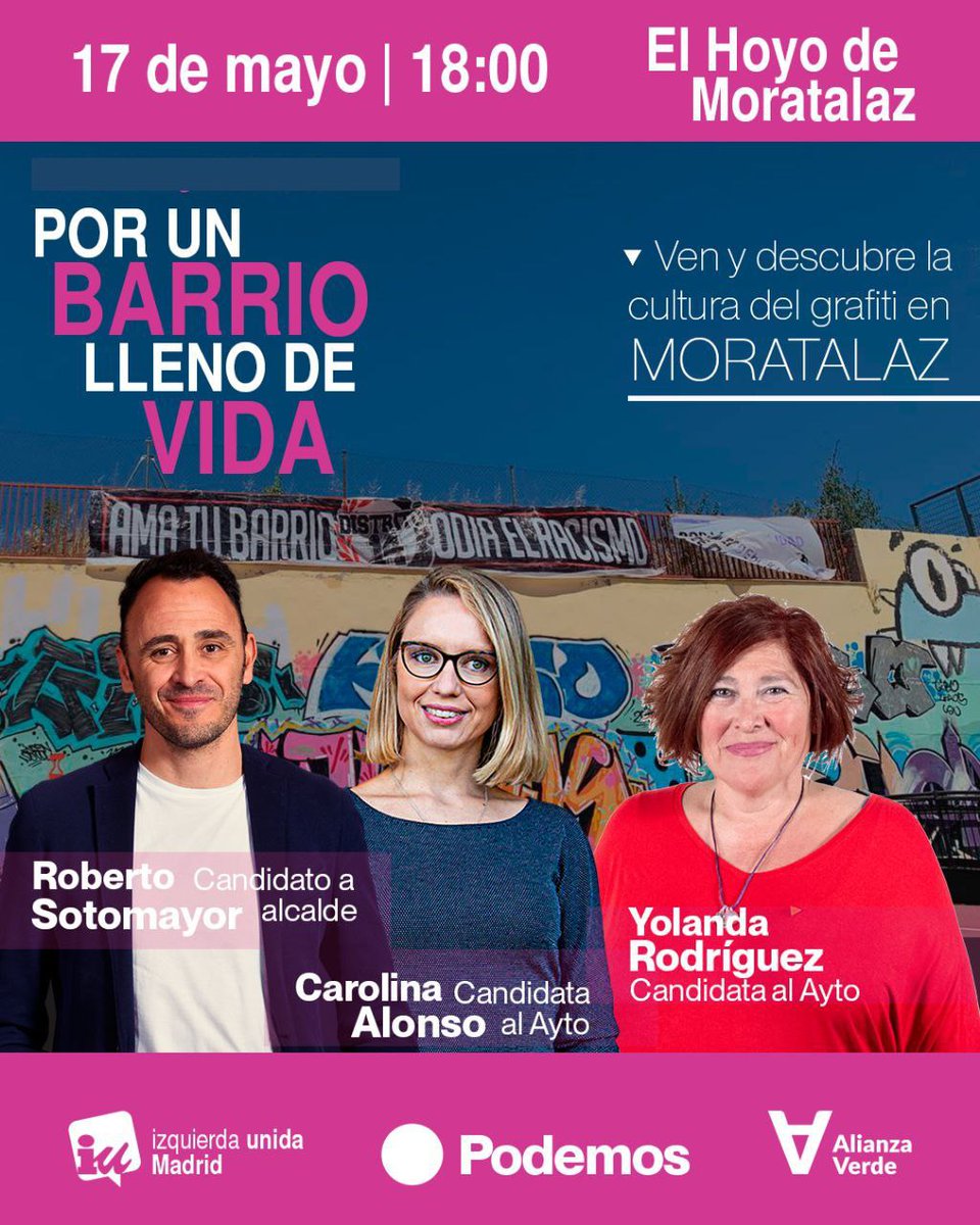 IUMoratalaz's tweet photo. Por un barrio lleno de vida. Acto político en el Auditorio de El Hoyo (junto al Intercambiador de Pavones) con @RbSotomayor, @RodriguezM_Yol y @Carolalon1, mañana a las 18 horas. #LaLlaveParaMadrid https://t.co/LpWcNL2vbz
