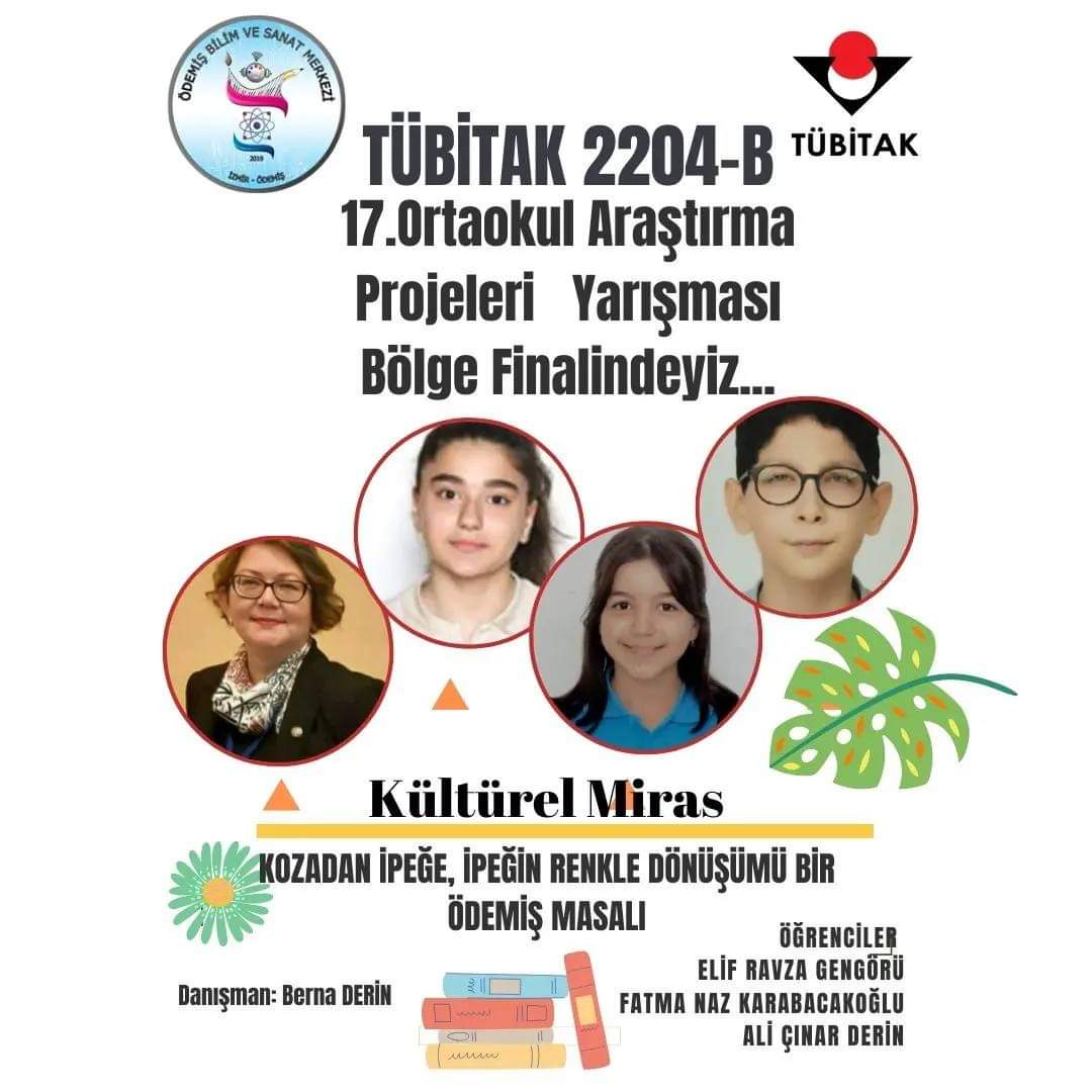 " Kozadan İpeğe, İpeğin Renkle Dönüşümü- Ödemiş Masalı" adlı projeleri ile  TÜBİTAK 2204-B Bölge finallerine katılmaya hak kazanan öğrencilerimizi, değerli ailelerini ve  öğretmenimiz Berna DERİN 'i tebrik eder, başarılar dileriz💐💐💐
<a href="/izmir_ilmem/">İzmir İl Milli Eğitim Müdürlüğü</a> @BilsemMeb
