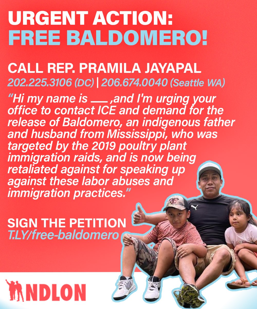2/2 Make a call to demand for @RepJayapal to stop #ICE from targeting victims of their racist raids, like Baldomero. To sign the petition: T.LY/free-baldomero #FreeBaldomero with @IAJEofMS!