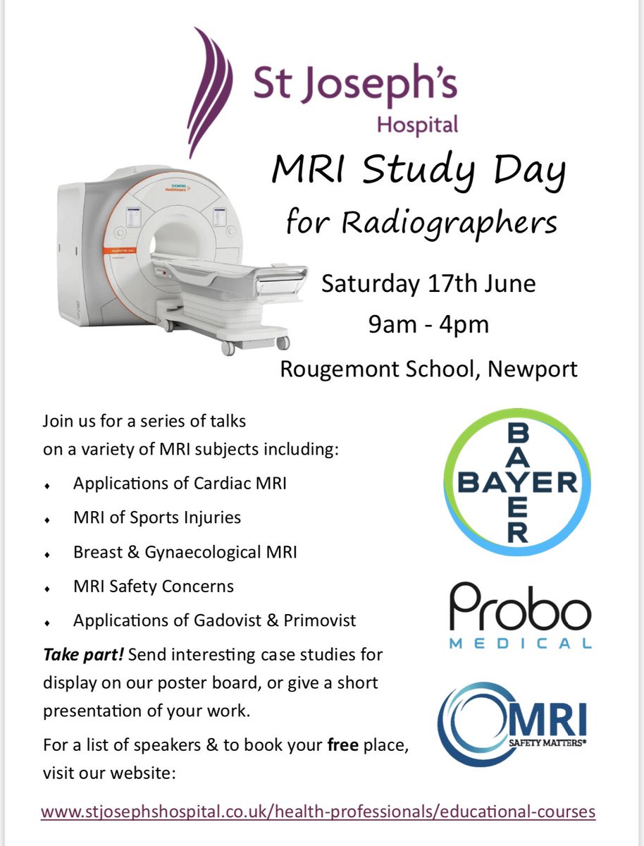 Please do come along and join us on the FREE @StJosephsHosp MRI study day for Radiographers. Topics include - MRI safety 👷🏻‍♀️🦺 #whyCMR 🧲💜 MRI 4 Sport injuries ⚽️🏉🏃🏼‍♀️ Gynae & breast MRI🙋‍♀️ Cauda Equina MRI imaging 🐴Applications of Gadovist & Primovist. 💉