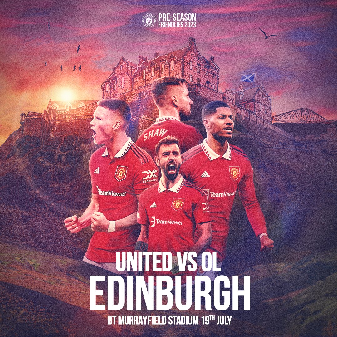 ManUtd's tweet photo. 📣 Pre-season friendly announcement...

🆚 @OL
📍 Edinburgh, Scotland
🗓️ Wednesday 19 July

#MUFC