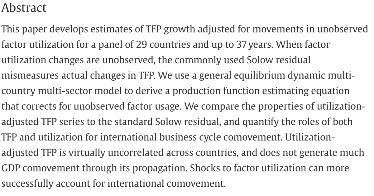JIntlEcon's tweet photo. New: "Utilization-adjusted TFP across countries: Measurement and implications for international comovement" by Zhen Huo, Andrei Levchenko (@umichECON) and Nitya Pandalai-Nayar (@nityanayar). How does factor utilization affect TFP estimates?
https://t.co/sohVXBd3P5 1/2 https://t.co/rjTiGauhKt