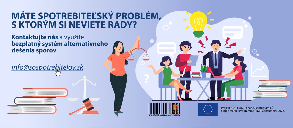 sos_poprad's tweet photo. Máte spotrebiteľský problém, s ktorým si neviete rady? Kontaktujte nás a využite bezplatný systém alternatívneho riešenia sporov.
Kontaktujte nás: https://t.co/SvkSlwvqI5
#alternativnerieseniesporov @beuc #law #ConsumerProtection #consumerpro https://t.co/mFFs2X19yn