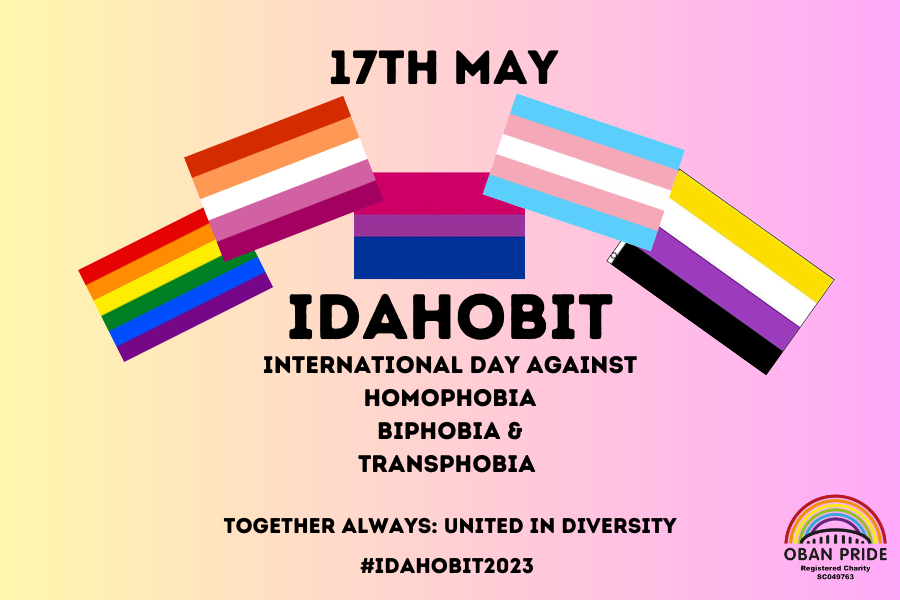 ObanPride's tweet photo. Today 17th May is International Day Against Homophobia, Biphobia and Transphobia (IDAHOBIT.) We stand against hate towards the LGBTQ+ community and celebrate the diversity within the community in which we live and serve. #ObanPride #IDAHOBIT2023 https://t.co/VvGQx6l9Ne