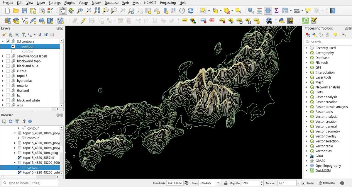 newgeographer2's tweet photo. Making 2d contour lines look 3d for a wireframe topographic look in #qgis. This is the simple expression I used in geometry generator:

translate($geometry,0,scale_linear("meters",0,7800,0,2)) https://t.co/Pc0dXZwtep