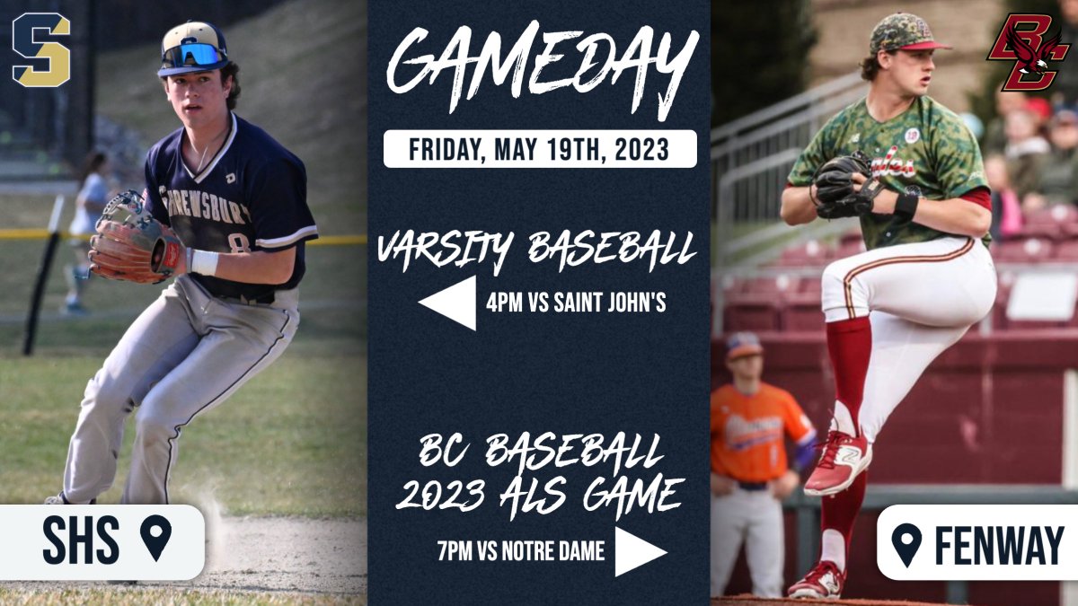 Varsity Baseball takes on Saint John's on Friday at SHS at 4pm. 

At 7pm, John West (Class of 2020) and Boston College Baseball will be hosting their ALS Awareness Game at Fenway Park vs Notre Dame. Good luck John! We're rooting for you!