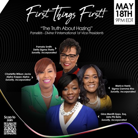 'These Pearls Don't Haze'.  Join the D9 sororities to discuss hazing prevention within the sororities for a critical conversation:  'First Things First'. 
Join me in this webinar May 18th by using the QR code on the link youtube.com/live/2Dc50al8I… . #CharlettaWilsonJacks #AKAFSAB