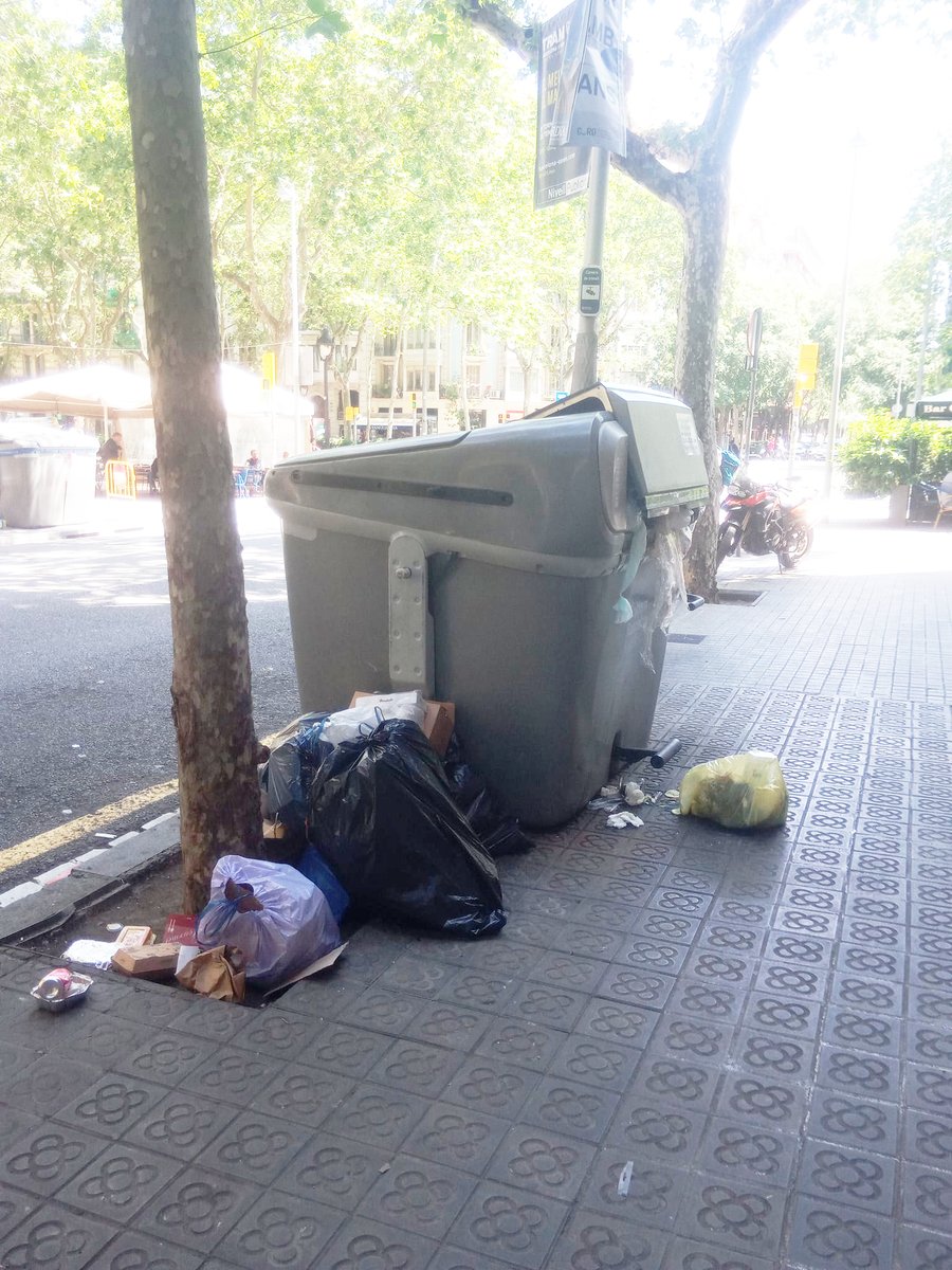 Hola <a href="/bcn_ajuntament/">Ajuntament de Barcelona</a> <a href="/Bcn_Eixample/">BcnEixample</a> <a href="/barcelona_010/">Barcelona 010</a> des de les 10 am que el container a Entença/Gran Via (cant. Llobregat) està ple amb bosses pel terra. Cada dia el mateix. Els culpables són els 4 comerços que el fan servir en comptes de creuar el carrer per reciclar. Idees? Merci