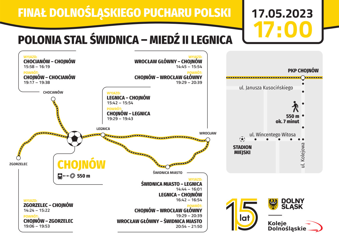 Finał <a href="/DolZPN/">Dolnośląski Związek Piłki Nożnej</a> Pucharu Polski już w środę o 1⃣7⃣:0⃣0⃣!
Polonia-Stal Świdnica - <a href="/MiedzLegnica/">MKS Miedź Legnica</a> II 
🏙Chojnów
🏟Stadion Miejski
Bilety na pociąg, by dotrzeć na mecz na kolejedolnoslaskie.pl