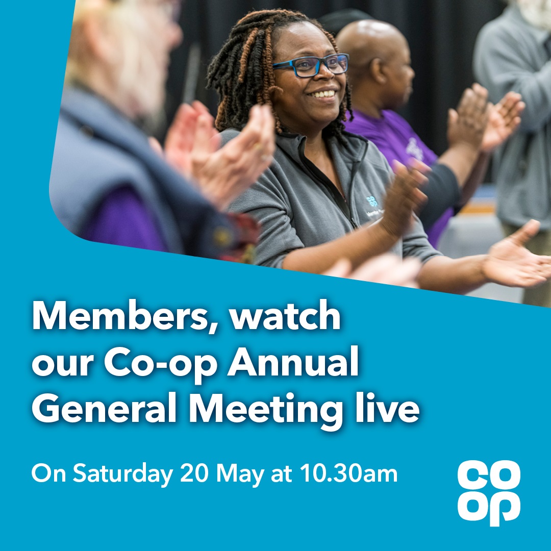 You're invited. The @coopuk 2023 Annual General Meeting is Saturday 20th May at 10.30am. Sign up to watch live➡️coop.uk/3MsrZa2