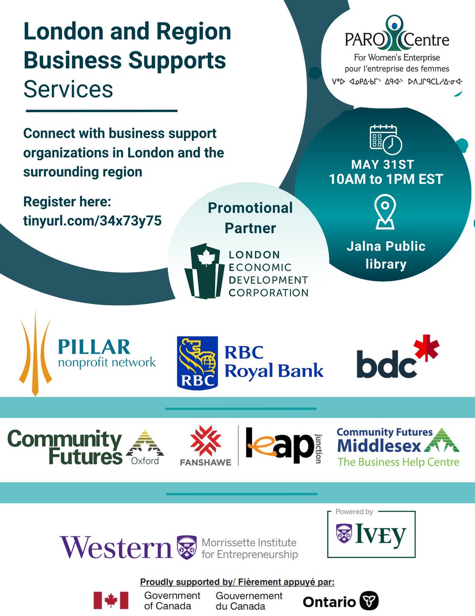 Connect with business support organizations in #ldnont and surrounding region at Jalna Public Library hosted by <a href="/PAROCentre/">PARO Centre</a> support on May 31 10am to 1 pm.  #WomenEnterprises