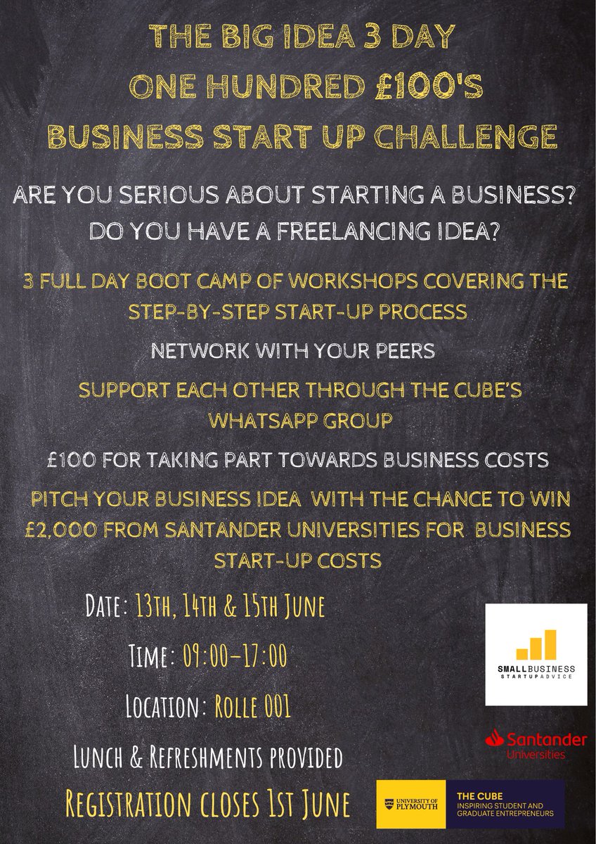 The Cube - University of Plymouth (@thecubeuop) on Twitter photo Our Big Idea Challenge Boot Camp is a free 3 day complete programme that empowers ambitious
<a href="/PlymUni/">University of Plymouth</a> student and <a href="/PlymUniAlum/">University of Plymouth Alumni</a> entrepreneurs like you! 13, 14 & 15 June 09.00-17.00 Rolle 001 Lunch & Refreshments provided
plymouth.ac.uk/about-us/unive… Our Big Idea Challenge Boot Camp is a free 3 day complete programme that empowers ambitious
<a href="/PlymUni/">University of Plymouth</a> student and <a href="/PlymUniAlum/">University of Plymouth Alumni</a> entrepreneurs like you! 13, 14 & 15 June 09.00-17.00 Rolle 001 Lunch & Refreshments provided
plymouth.ac.uk/about-us/unive…