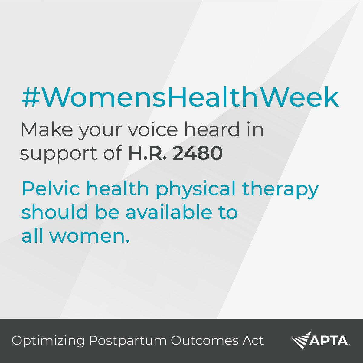 Advocacy Needed! Support the Optimizing Postpartum Outcomes Act (H.R. 2480) to ensure that Medicaid patients can access pelvic health physical therapy. Write your legislator today: loom.ly/ZFMyBxc 
#PTAdvocacy