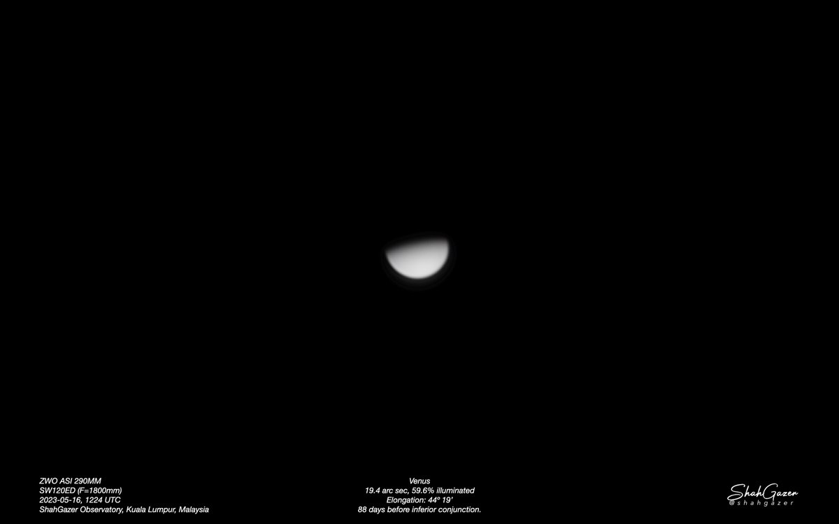 shahgazer's tweet photo. ... and the countdown begins...

Venus today, May 16th 2023. 88 days to this year's inferior conjunction. https://t.co/N4q2MFWczl