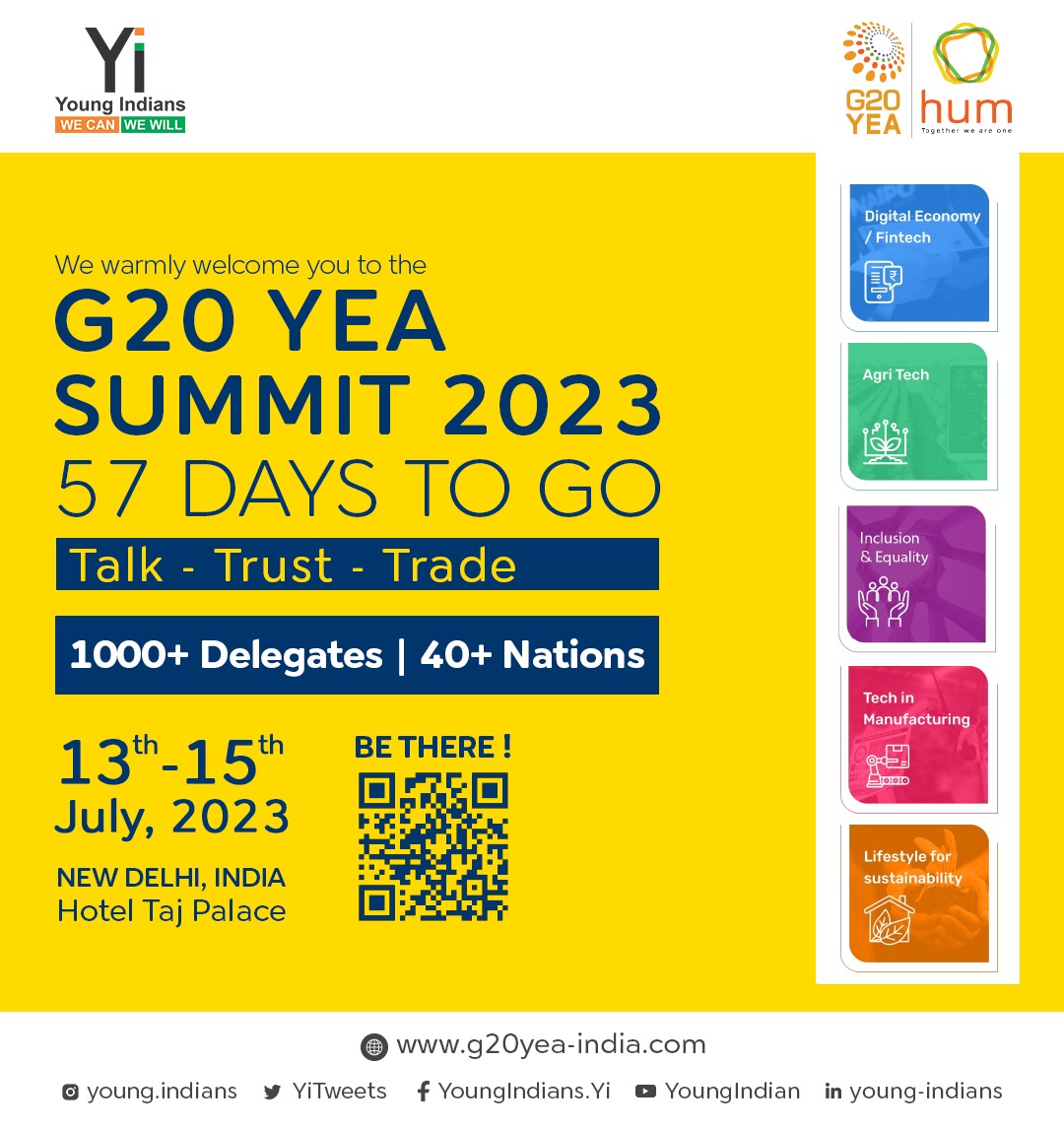 We are only 57 days away!
Be there and become a delegate today at the G20 YEA summit.

g20yea-india.com

13-15th July 2023, New Delhi, India