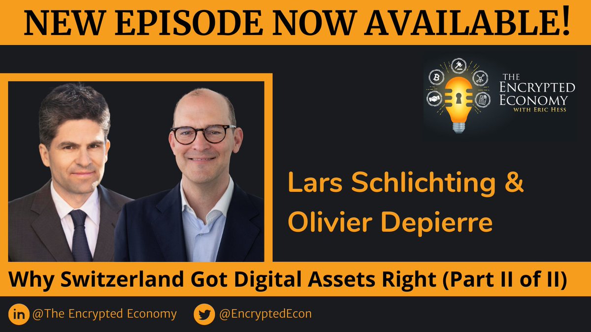NEW EPISODE NOW AVAILABLE!  

This week's special guests: <a href="/SchlichtingLars/">Lars Schlichting</a> and Olivier Depierre join us to discuss...  

WHY SWITZERLAND GOT DIGITAL ASSETS RIGHT (PART II OF II)  

Tune in on your favorite #podcast app! lnkd.in/eFkpZQgB 

#DigitalAssets #Web3 #Crypto #Defi