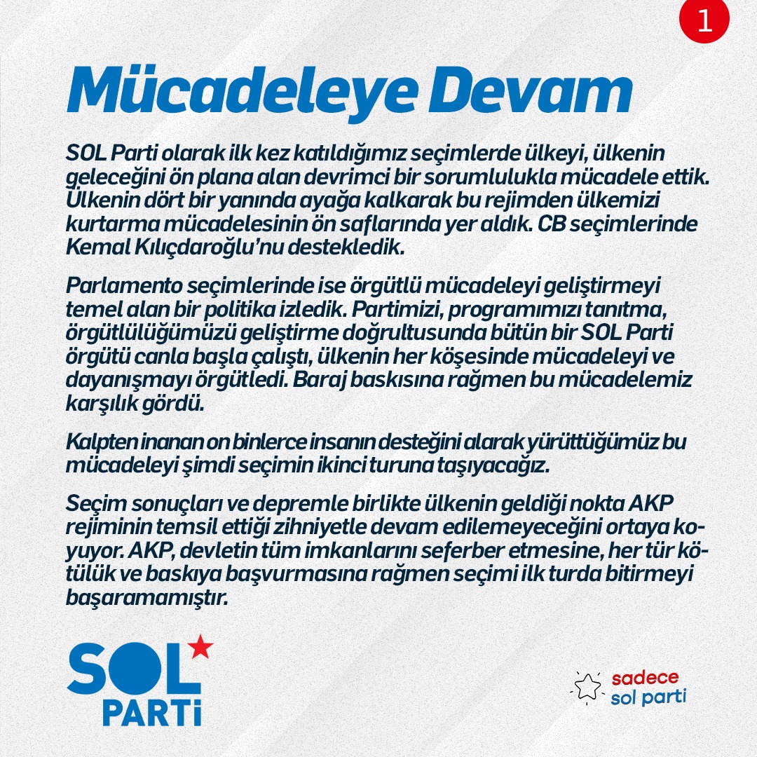 solpartibilgi's tweet photo. Mücadeleye Devam

Şimdi, daha büyük bir kararlılıkla gençler ve kadınlar olarak, tüm emekçiler ve yurtsever insanlar olarak birleşerek mücadele etmeye; sandığa gitmeyen başta gençler olmak üzere tüm insanları sandığa giderek ülkemizin geleceğine sahip çıkmaya çağırıyoruz. https://t.co/CcOd5KxzWR