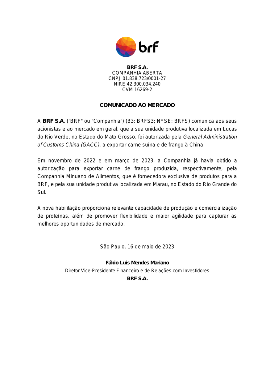 CalixtoCapital's tweet image. #BRFS | BRF SA | Comunicado ao Mercado